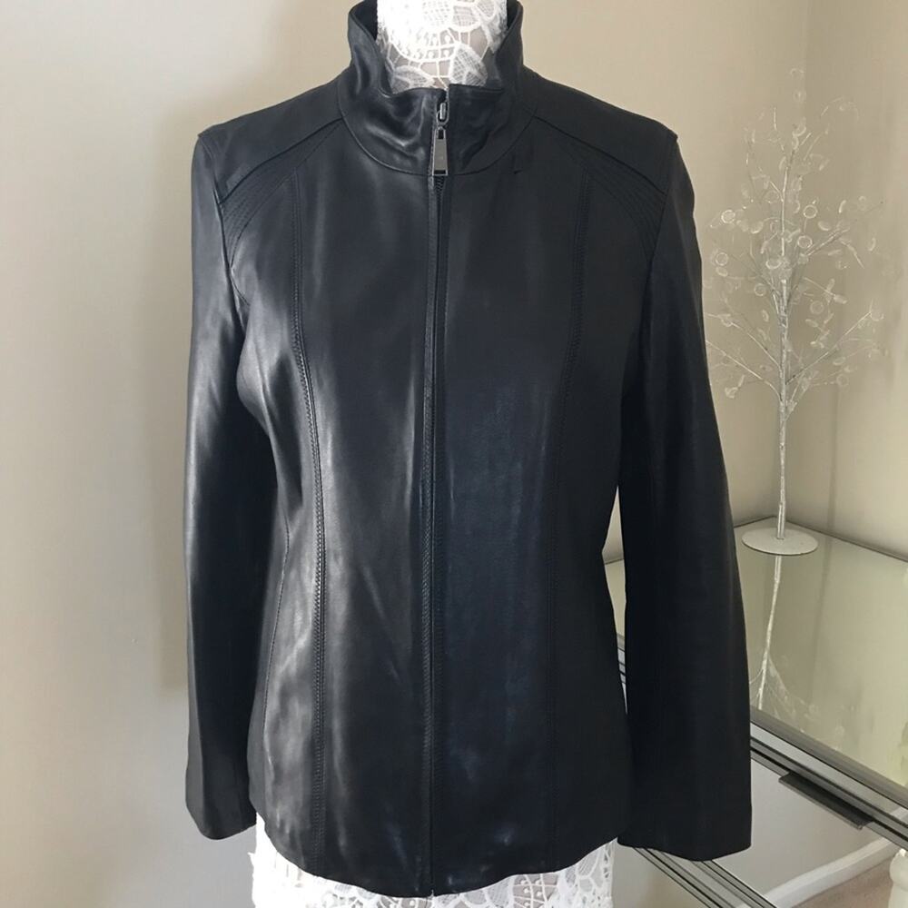 DKNY 100% Lamb Leather Women's Jacket Coat, Black, Size Large